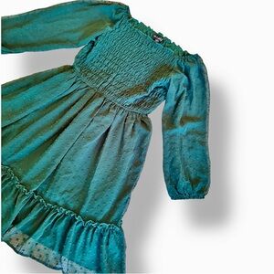AVA & YELLY Swiss Dot Smocked Semi-Sheer Dark Green Long Sleeve Dress